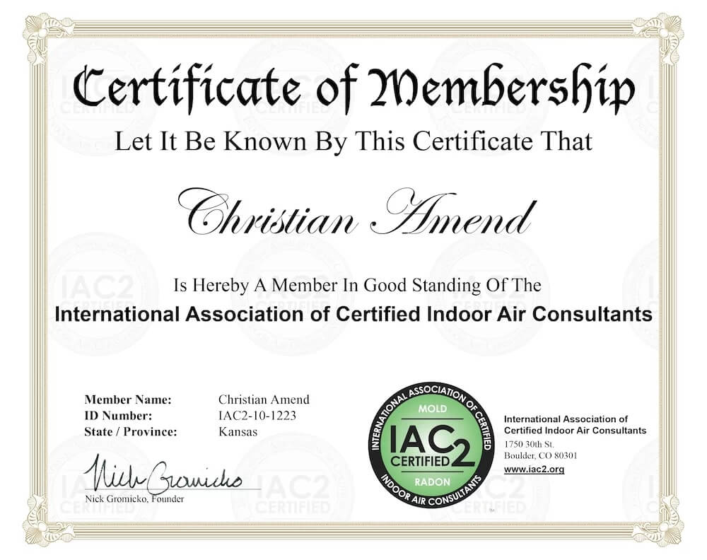 Certificate of Membership - ACM Home Inspection - IAC Certified for Mold and Radon