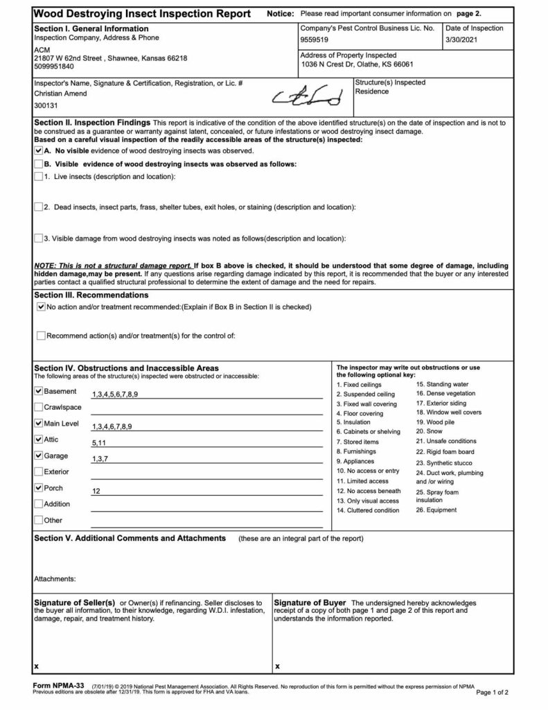 Termite Inspection Report from ACM Home Inspections in Shawnee, KS